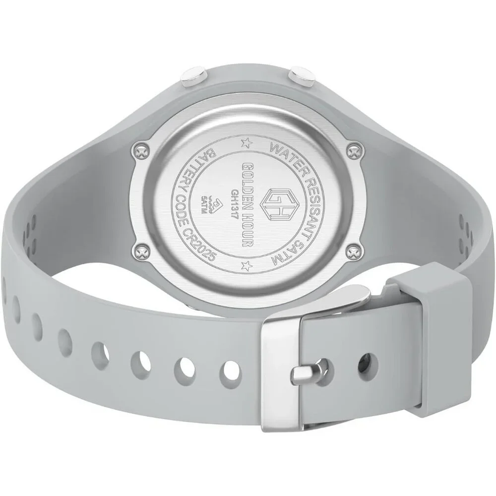 Unisex Grey Silicone Digital Sports Gold Bezel Water-Resistant Alarm Stopwatch